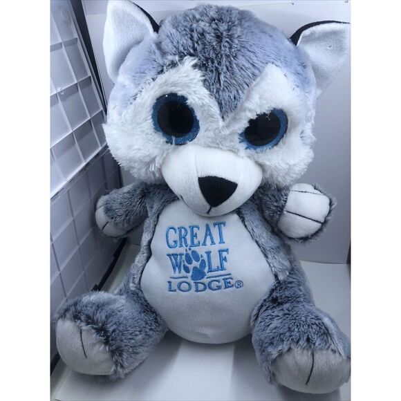 Great Wolf Lodge Sitting Grey Wolf Big Eye Plush Stuffed Animal 14” Souvenir - Picture 1 of 16